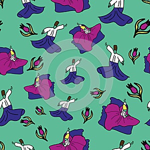 Vector Sufi dancers Dervish and tulips background pattern