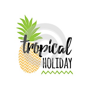 Vector summer banner with hand drawn pineapple, lettering design element `Tropical holiday`.