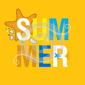 Vector summer banner in trendy dotwork style. Square composition with abstract dotted waves, starfish, pebble, swirls.