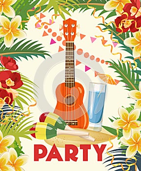 Vector Summer Beach Party Flyer Design with typographic and music elements on ocean landscape background.