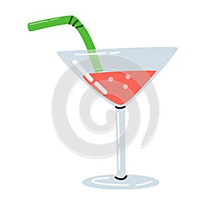 Vector summer beverage glass with straw and drink cocktail isolated