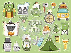 Vector summer camp cute kawaii stickers set. Camping, hiking, fishing equipment patches collection. Outdoor nature tourism icons