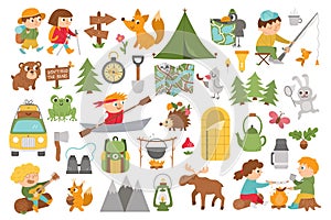 Vector summer camp set. Camping, hiking, fishing equipment collection with cute kids and forest animals. Outdoor nature tourism