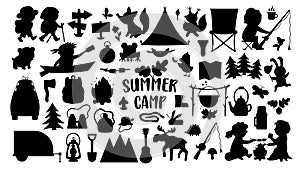 Vector summer camp silhouettes set. Camping, hiking, fishing equipment black and white collection with cute kids and forest