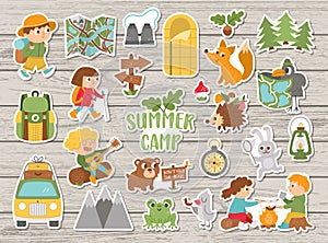 Vector summer camp stickers set. Camping, hiking, fishing equipment patches collection with cute kids and forest animals on wooden