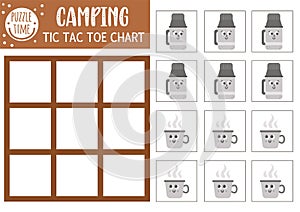 Vector summer camp tic tac toe chart with cute camping equipment. Woodland board game playing field with kawaii thermos, cup.