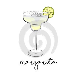 Vector summer cocktail. Margarita alcohol drink. Cosmopolitan froozen liquor in glass. Green juice bar beverage. Co