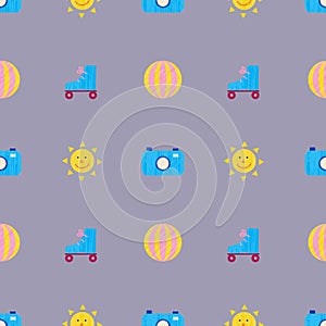 Vector summer colorful illustration, travelling, holidays. Seamless pattern, background, fabric, paper wrapping. Beach