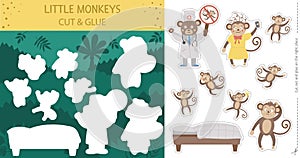 Vector summer cut and glue activity with five little monkeys. Tropical educational nursery rhyme crafting game with cute animal photo
