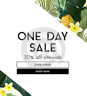 Vector summer design with exotic banana palm leaves, Frangipani flowers, pineapples and space for text. Sale offer