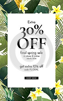 Vector summer design with exotic banana palm leaves, Frangipani flowers, pineapples and space for text. Sale offer