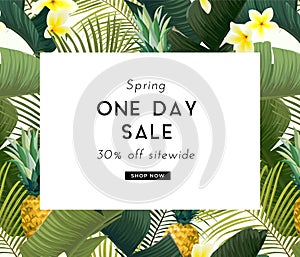 Vector summer design with exotic banana palm leaves, Frangipani flowers, pineapples and space for text. Sale offer