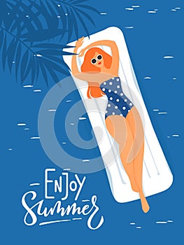 Vector summer illustration with young woman having rest in a swimming pool.