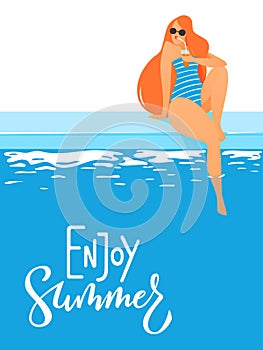 Vector summer illustration with young woman in a swimming pool.