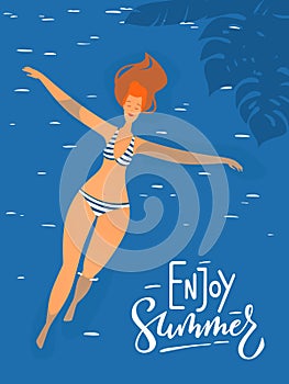 Vector summer illustration with young woman in a swimming pool.