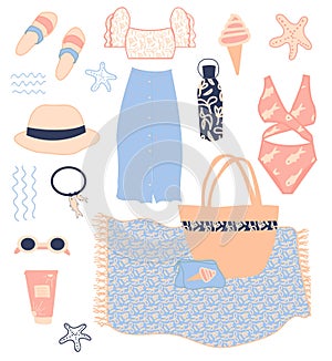 Vector summer items. Women`s beach essentials. Summer ÃÂlothes, bag, glasses, hat, sun cream, bottle, beach mat, cosmetic bag