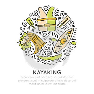 Vector summer kayaking icon set, hand draw style with decorations in round form. Doodling of kayak boat, top and front