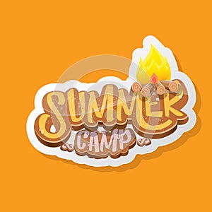 vector summer kids camp cartoon logo with campfire isolated on orange background. Summer camp vintage funky flyer, funny