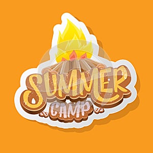 vector summer kids camp cartoon logo with campfire isolated on orange background. Summer camp vintage funky flyer, funny