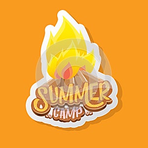 vector summer kids camp cartoon logo with campfire isolated on orange background. Summer camp vintage funky flyer, funny