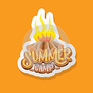 vector summer kids camp cartoon logo with campfire isolated on orange background. Summer camp vintage funky flyer, funny