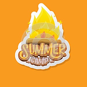 vector summer kids camp cartoon logo with campfire isolated on orange background. Summer camp vintage funky flyer, funny