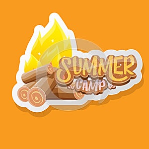 vector summer kids camp cartoon logo with campfire isolated on orange background. Summer camp vintage funky flyer, funny