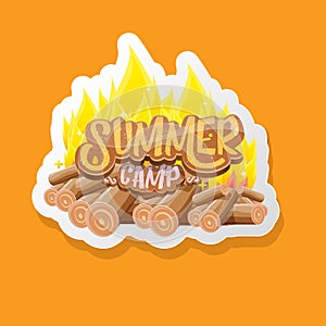 vector summer kids camp cartoon logo with campfire isolated on orange background. Summer camp vintage funky flyer, funny