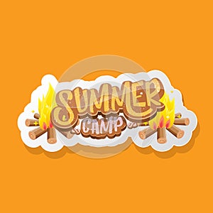 vector summer kids camp cartoon logo with campfire isolated on orange background. Summer camp vintage funky flyer, funny