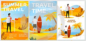 Vector summer leisure posters set hiking, surfing