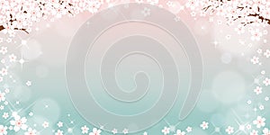 Vector summer nature background with cute tiny sakura on blue pastel background, Spring background with cherry blossom border and