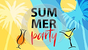 Vector Summer Party banner with tropic palm and cocktails