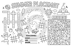 Vector summer placemat for kids. Beach holidays printable activity mat with crossword, tic tac toe charts, color by number. Black