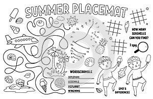 Vector summer placemat for kids. Beach holidays printable activity mat with difference searching, dot-to-dot, maze. Black and