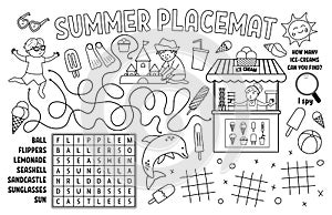 Vector summer placemat for kids. Beach holidays printable activity mat with wordsearch, tic tac toe charts, maze. Black and white photo