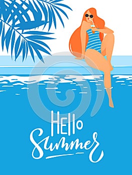 Vector summer poster with young woman in a swimming pool