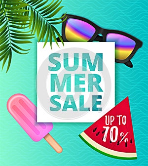 Vector summer sale background layout for banners. voucher discount. Top view on sun glasses, watermelon, and palm leaves