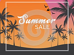 Vector Summer sale banner backdrop, silhouette birds and tropical coconut trees with big sun on twilight sky in background