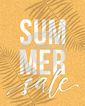 Vector summer sale banner design with realistic shadows of palm leaves on sand background.