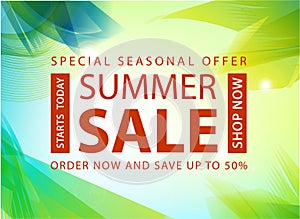 Vector summer sale banner, poster design, ad, flyer, brochure for print or web. Summer time art design, travel, discount