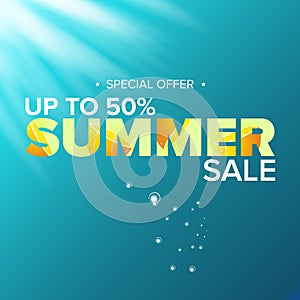 Vector summer sale modern design template web banner or poster. Summer sale label with typographic text on azure water