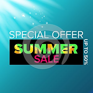 Vector summer sale modern design template web banner or poster. Summer sale label with typographic text on azure water