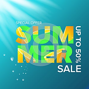 Vector summer sale modern design template web banner or poster. Summer sale label with typographic text on azure water