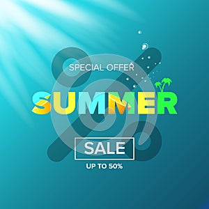 Vector summer sale modern design template web banner or poster. Summer sale label with typographic text on azure water