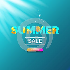 Vector summer sale modern design template web banner or poster. Summer sale label with typographic text on azure water