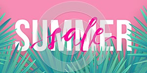 Vector Summer sale trendy banner. Modern background with tropical palm leaves