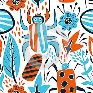 Vector Summer Seamless Pattern with Bugs and Leaves