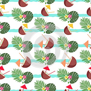 Vector summer seamless pattern with coconut cocktail, tropical leaves, flowers.