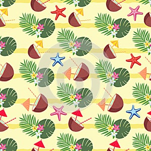 Vector summer seamless pattern with coconut cocktail, tropical leaves, flowers.