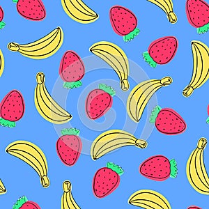 Vector Summer seamless pattern with fruits bananas and strawberries drawn in watercolor.